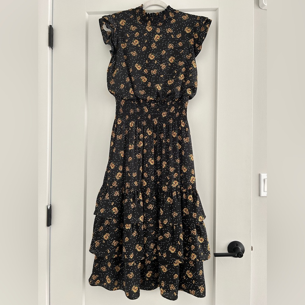 Saks Fifth Avenue Black Floral Smocked Midi Dress – Size 4